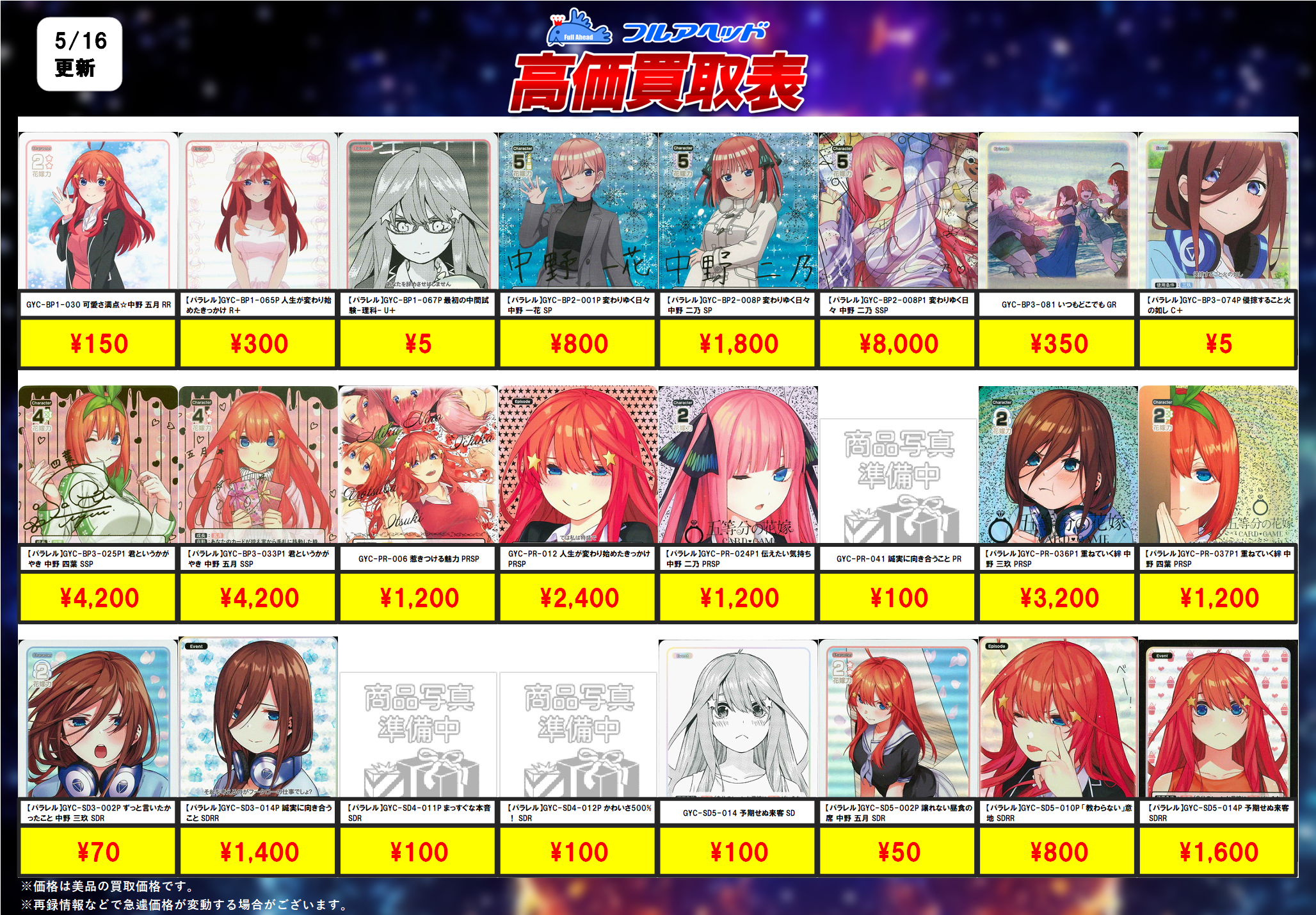 五等分の花嫁 カードゲーム – 【フルアヘッド】高価買取表