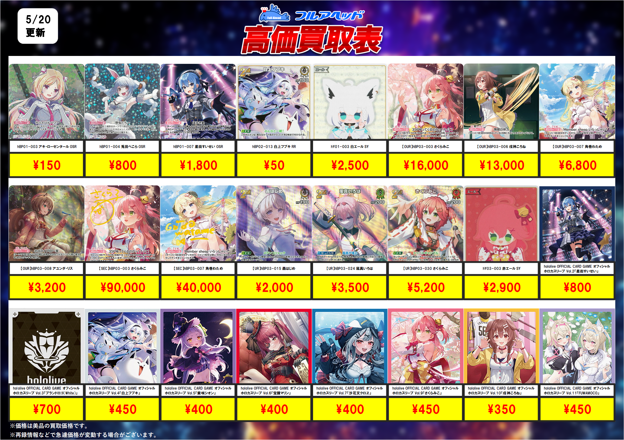 品質検査済 CARD OFFICIAL hololive GAME 【フルアヘッド】高価買取表 – その他