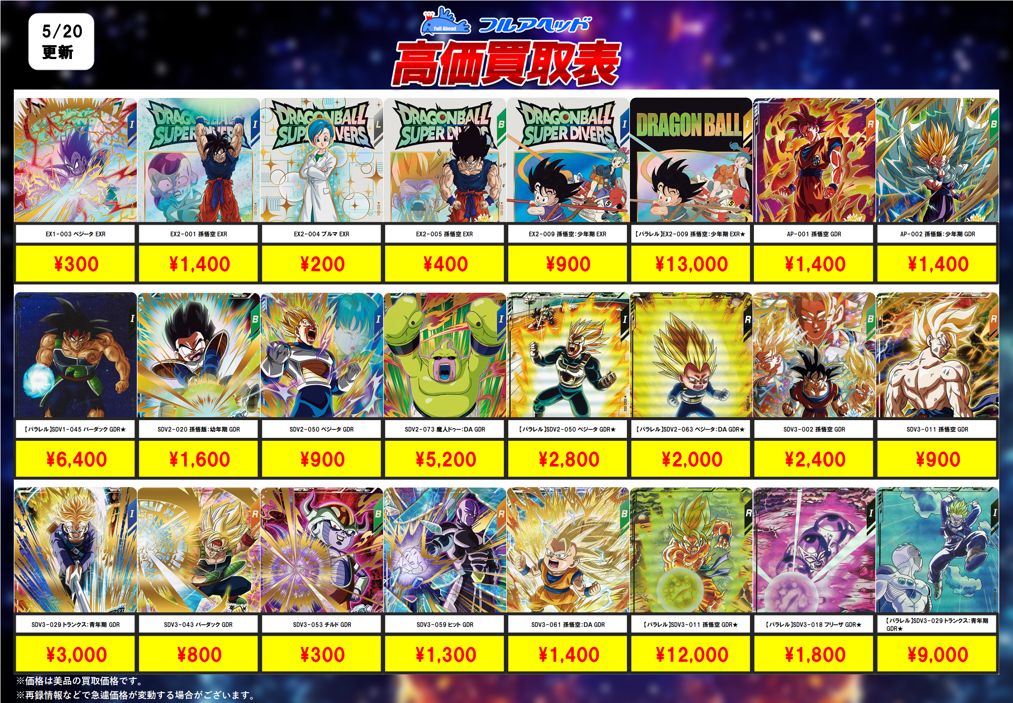 ドラゴンボールスーパーダイバーズ – 【フルアヘッド】高価買取表