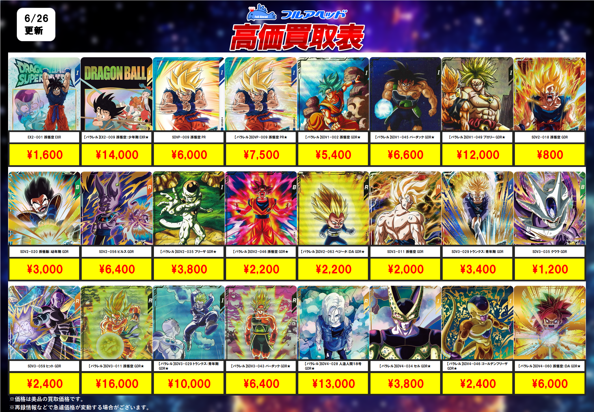 ドラゴンボールスーパーダイバーズ – 【フルアヘッド】高価買取表