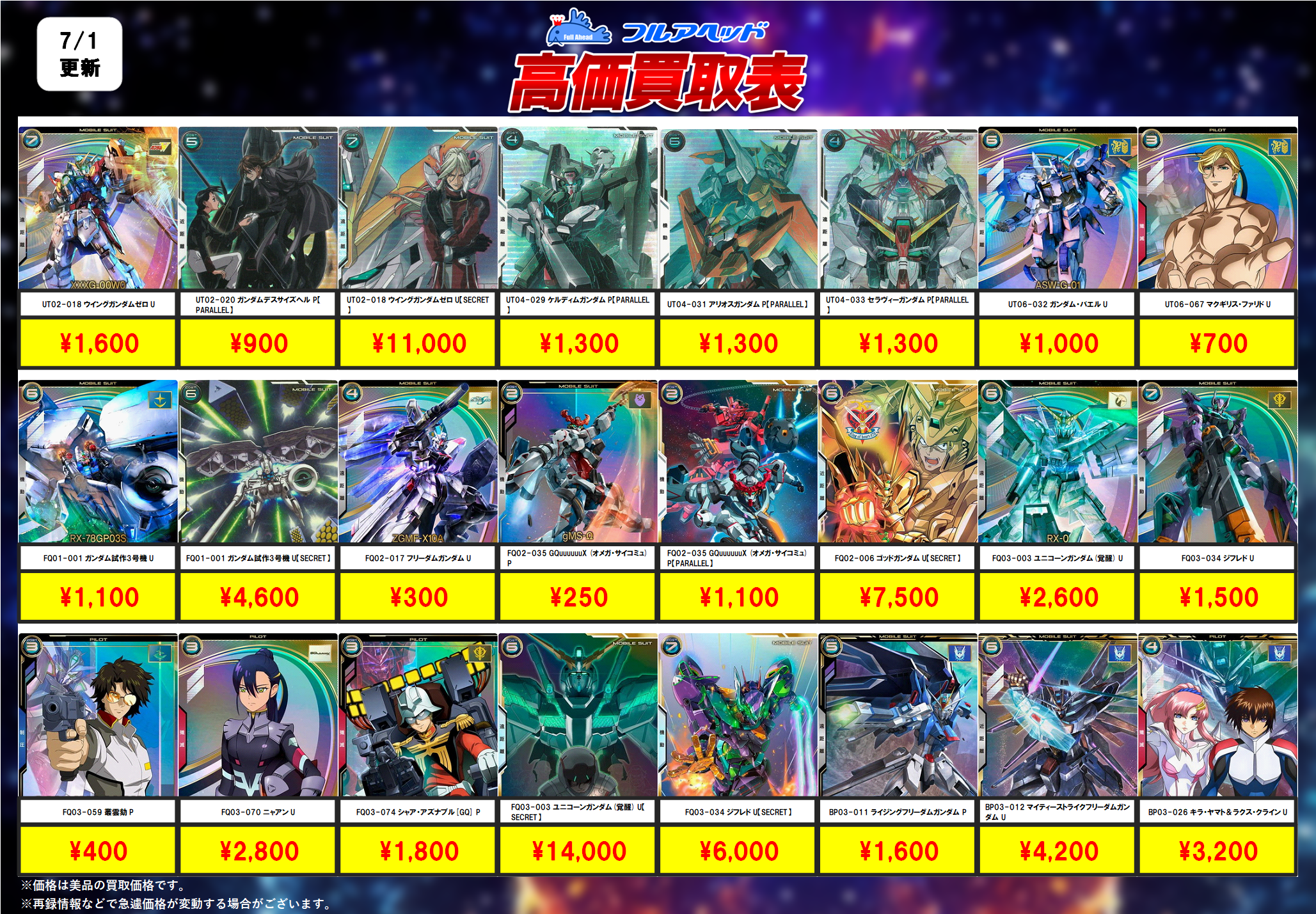 機動戦士ガンダム アーセナルベース – 【フルアヘッド】高価買取表 –
