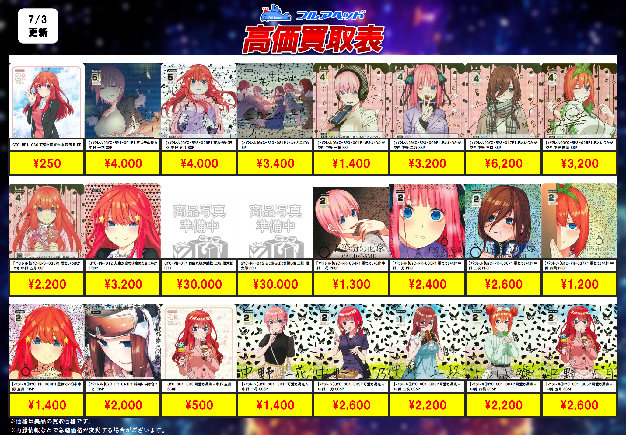 五等分の花嫁 カードゲーム – 【フルアヘッド】高価買取表