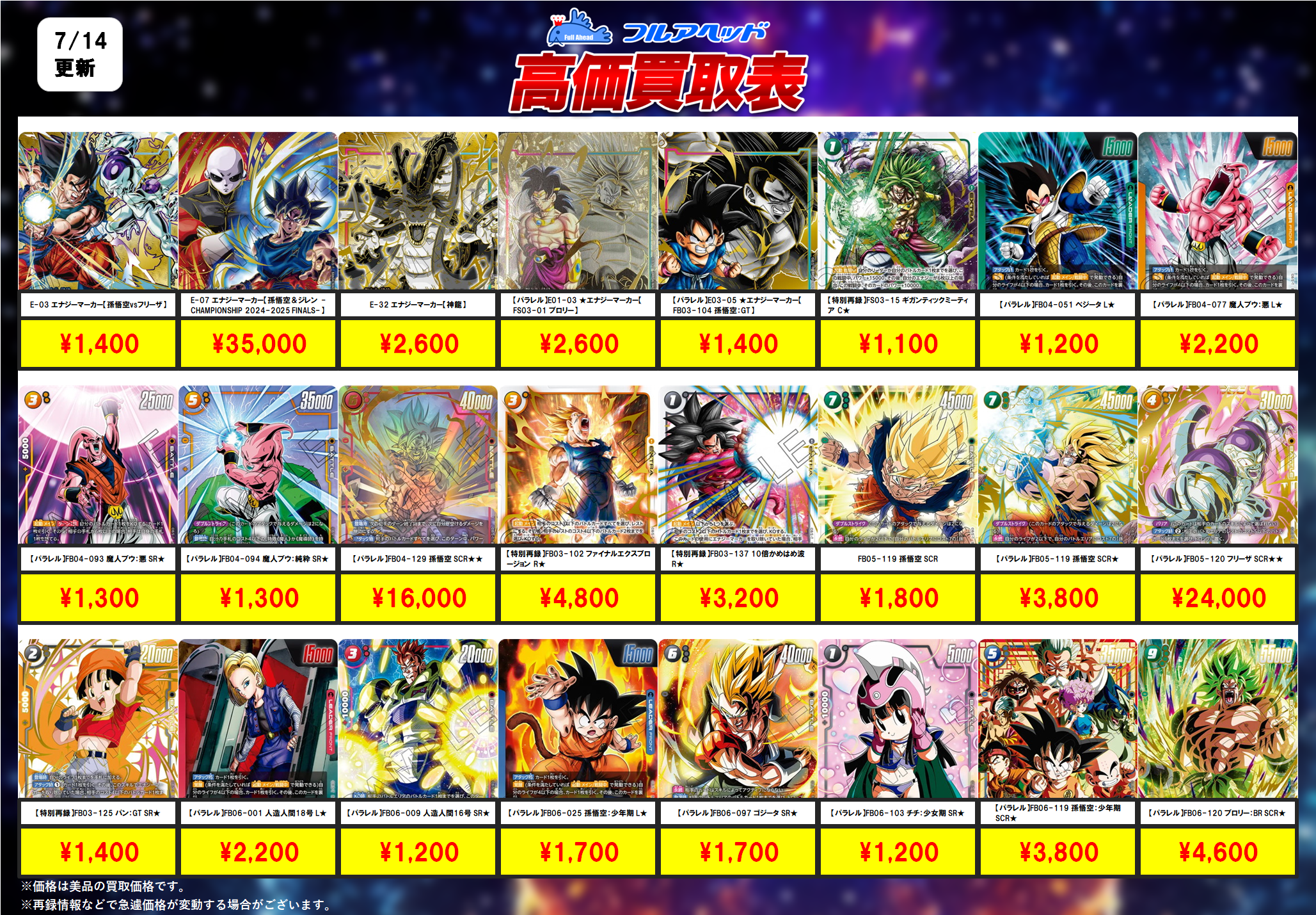 ドラゴンボールフュージョンワールド】買取表、販売価格の調整を