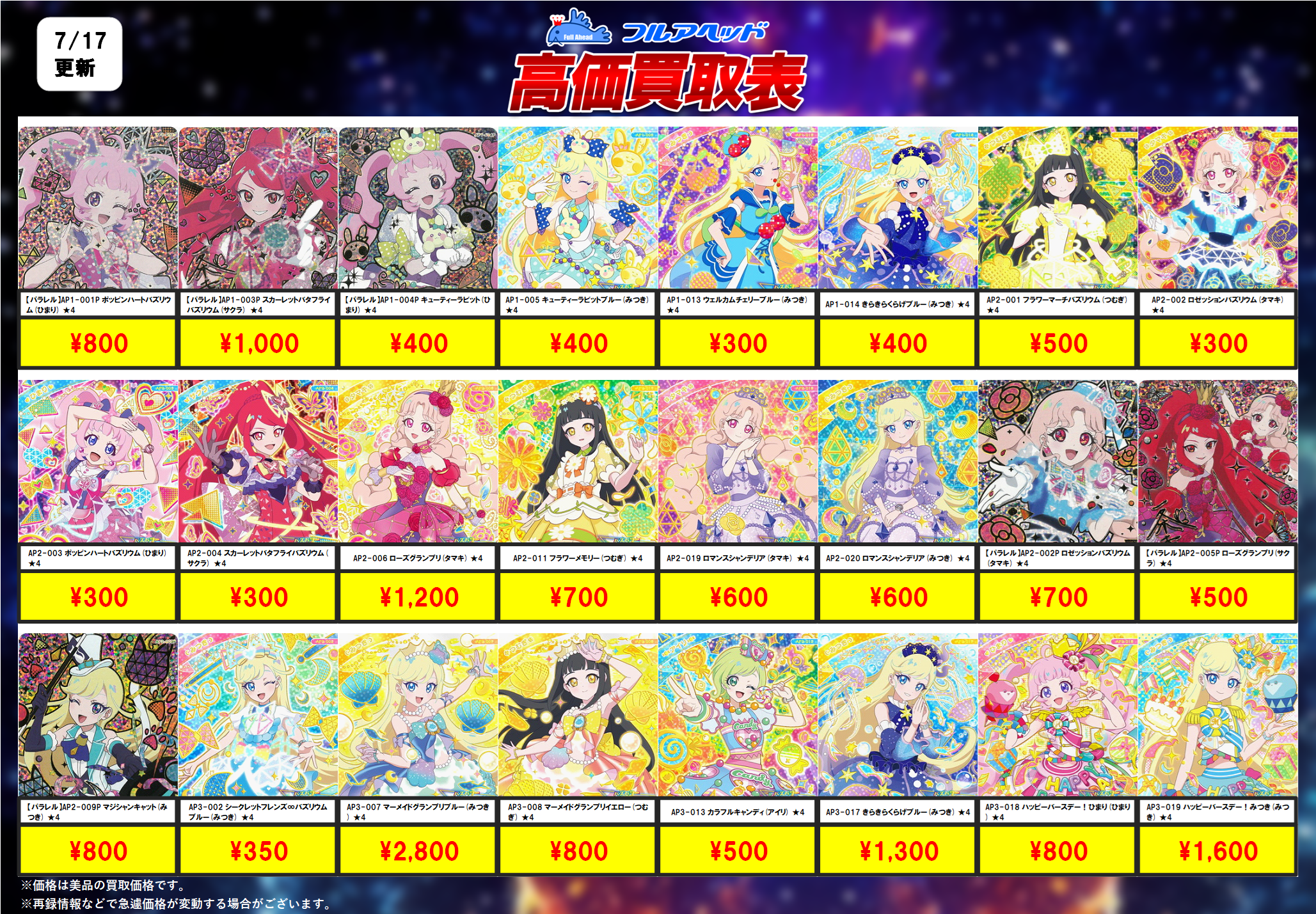 ひみつのアイプリ – 【フルアヘッド】高価買取表
