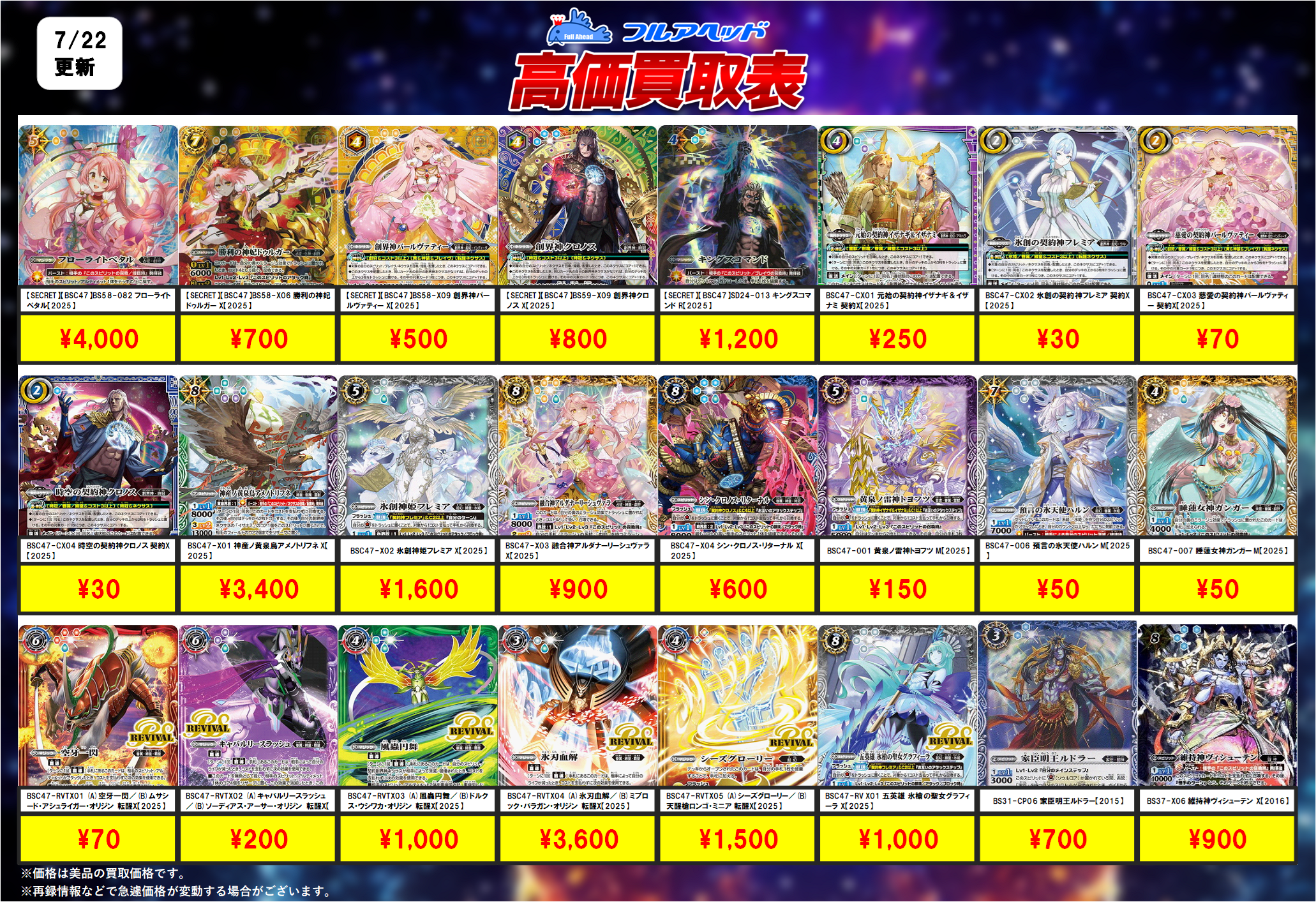 バトルスピリッツ – 【フルアヘッド】高価買取表