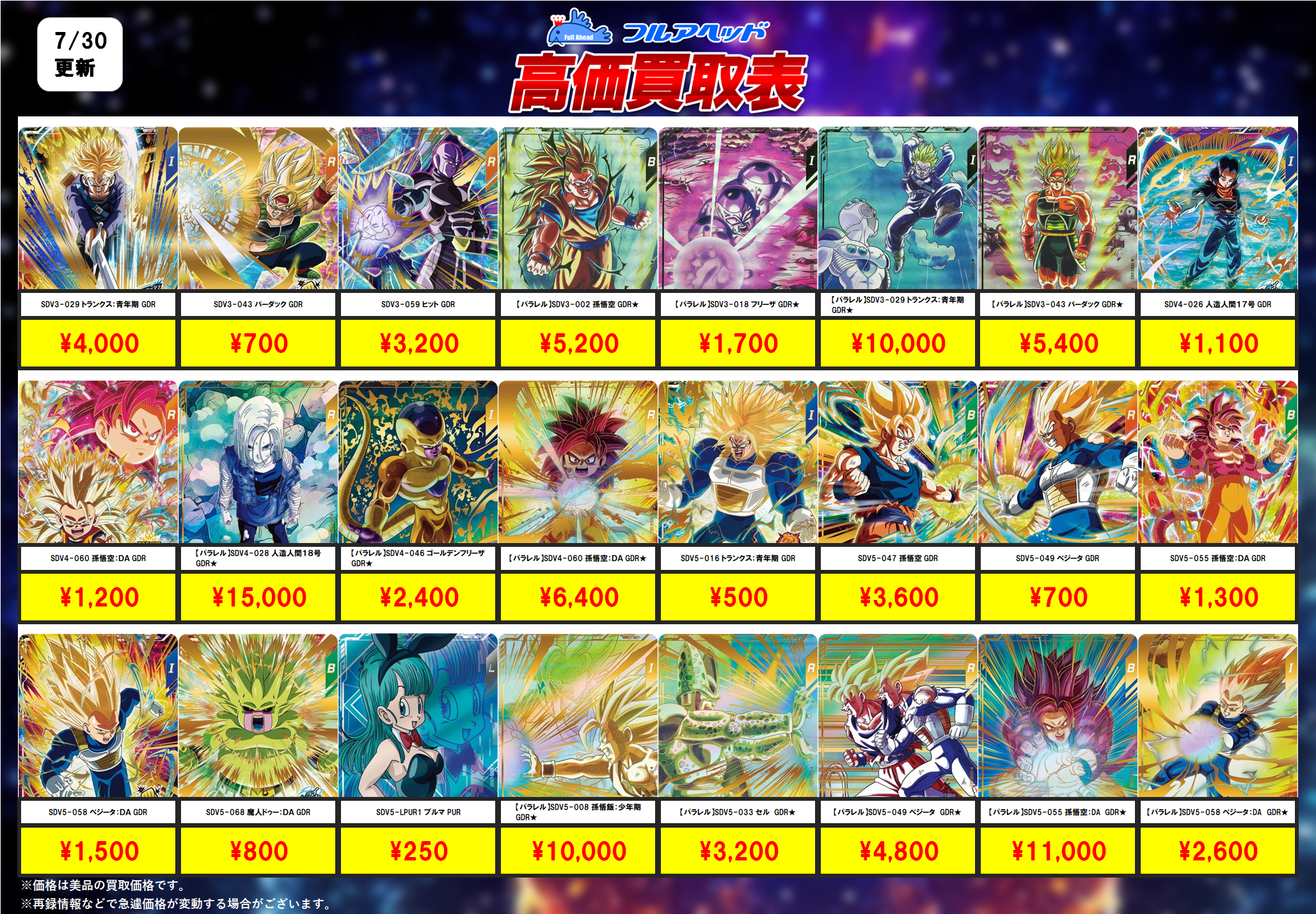 ドラゴンボールスーパーダイバーズ – 【フルアヘッド】高価買取表