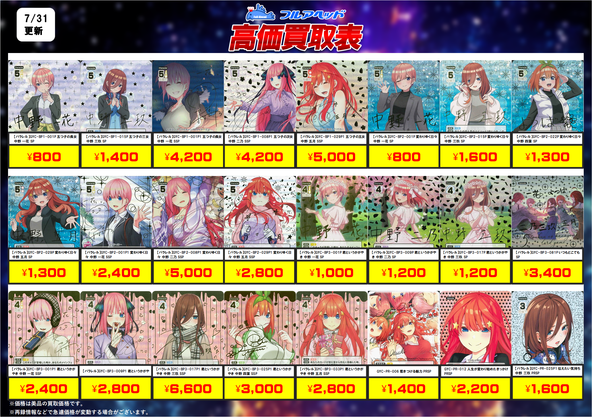 五等分の花嫁 カードゲーム – 【フルアヘッド】高価買取表