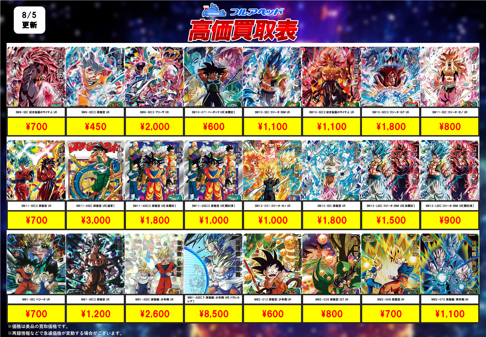 スーパードラゴンボールヒーローズ – 【フルアヘッド】高価買取表
