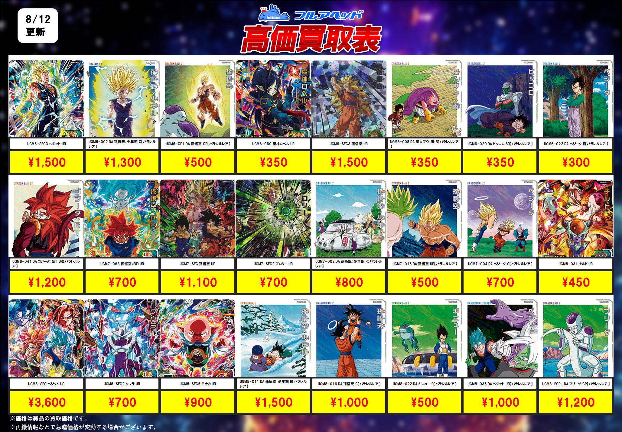 スーパードラゴンボールヒーローズ – 【フルアヘッド】高価買取表