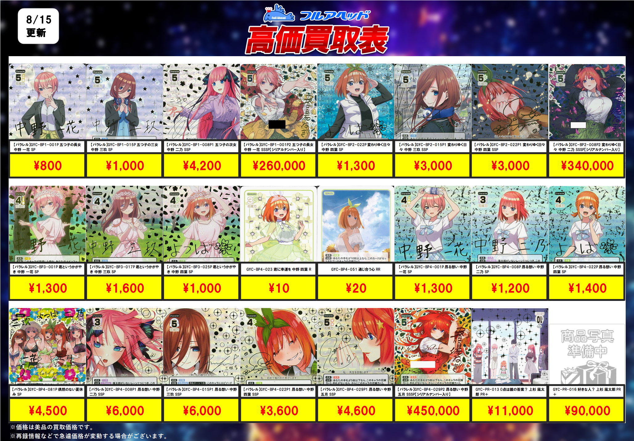 五等分の花嫁 カードゲーム – 【フルアヘッド】高価買取表